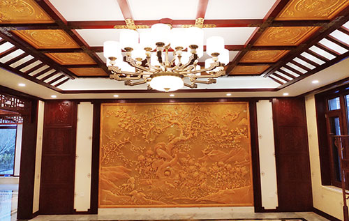 容县中式别墅客厅中式木作横梁吊顶装饰展示
