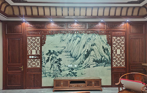 容县中式仿古别墅客厅背景墙花格木作装饰